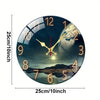 A round wall clock with a dark blue background featuring an Earth landscape design and golden hour hands.