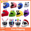 A collection of cartoon plush helmet covers in various colors and designs for full-face motorcycle helmets.