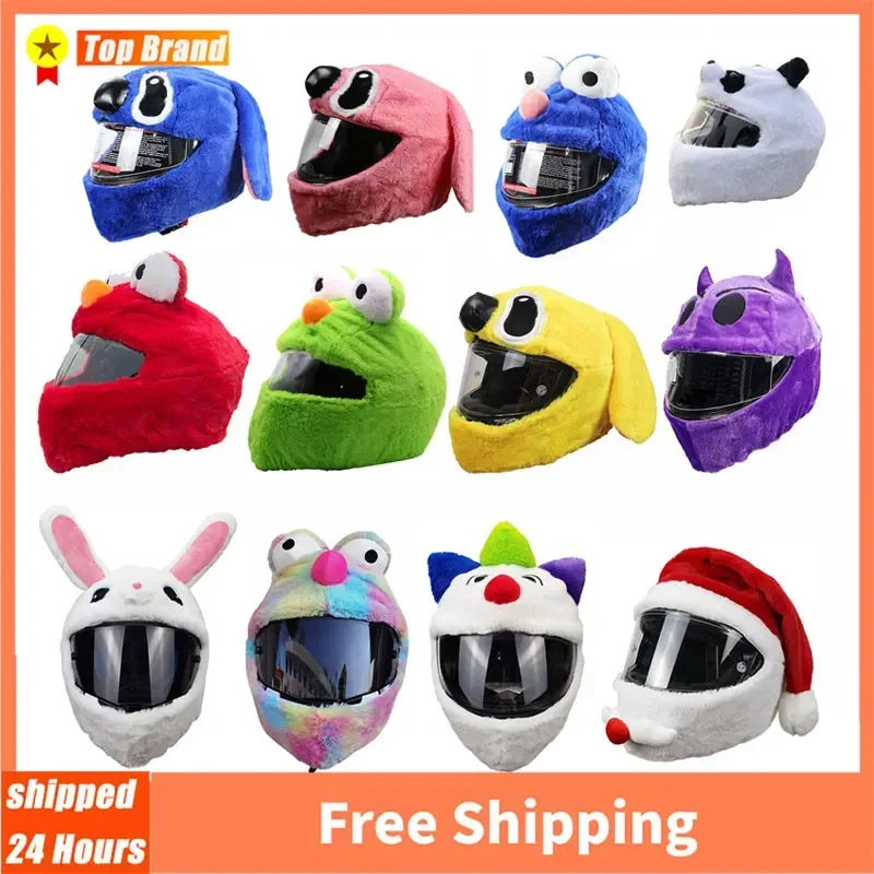 A collection of cartoon plush helmet covers in various colors and designs for full-face motorcycle helmets.