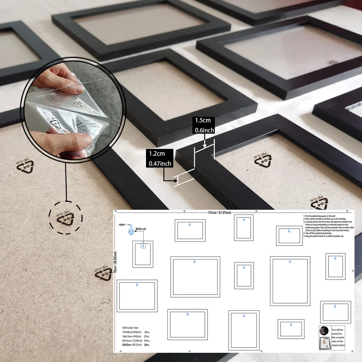A set of 13 wooden picture frames in black and white displayed on a light surface.