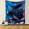A dark blue and purple alien creature tapestry featuring sharp claws and glowing accents.