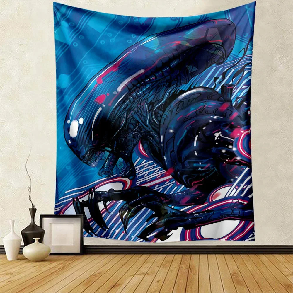 A dark blue and purple alien creature tapestry featuring sharp claws and glowing accents.