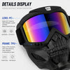 Details display of a black full face skull riding goggle featuring a PC lens and TPU frame.