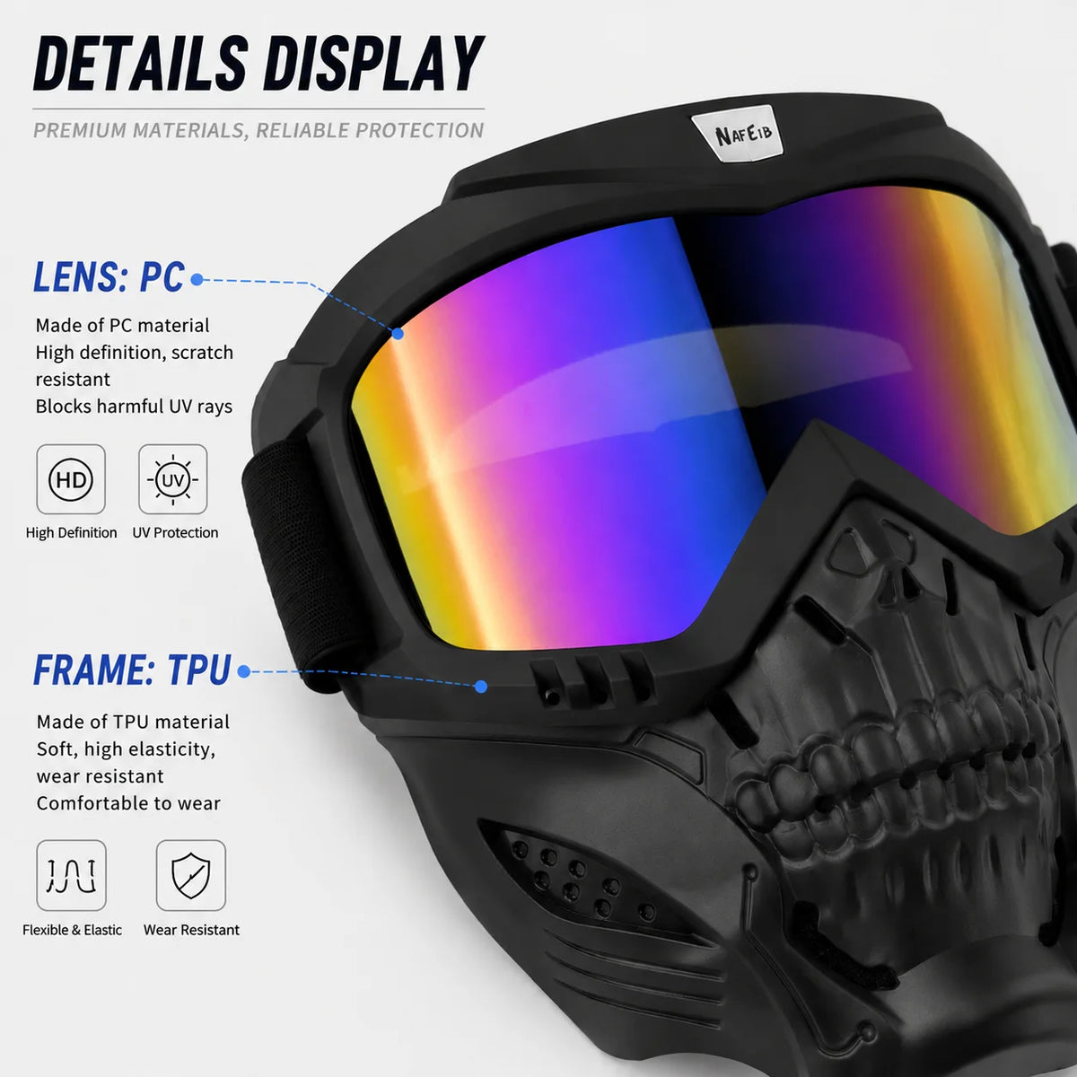 Details display of a black full face skull riding goggle featuring a PC lens and TPU frame.