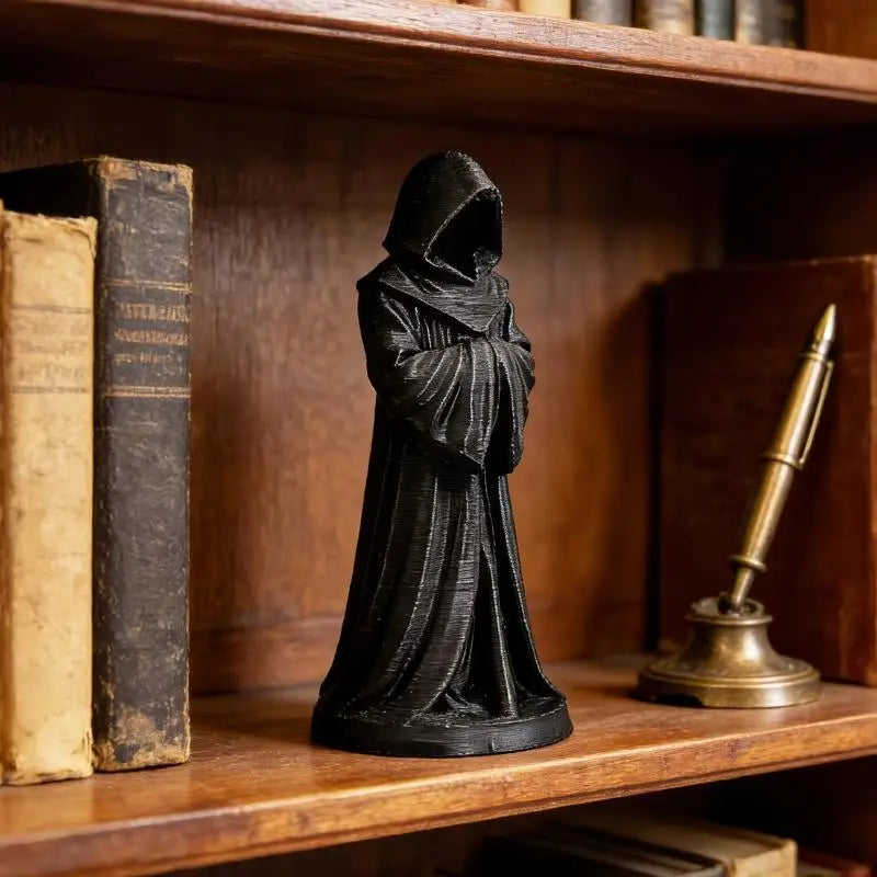 Schwarze Harzfigur einer befassten Gestalt, die den Toten darstellt, steht auf einem Holzregal neben alten Büchern und einem 