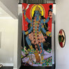 A vibrant banner featuring a depiction of Maa Kali with multiple arms and decorative elements.