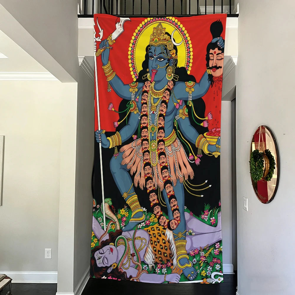 A vibrant banner featuring a depiction of Maa Kali with multiple arms and decorative elements.