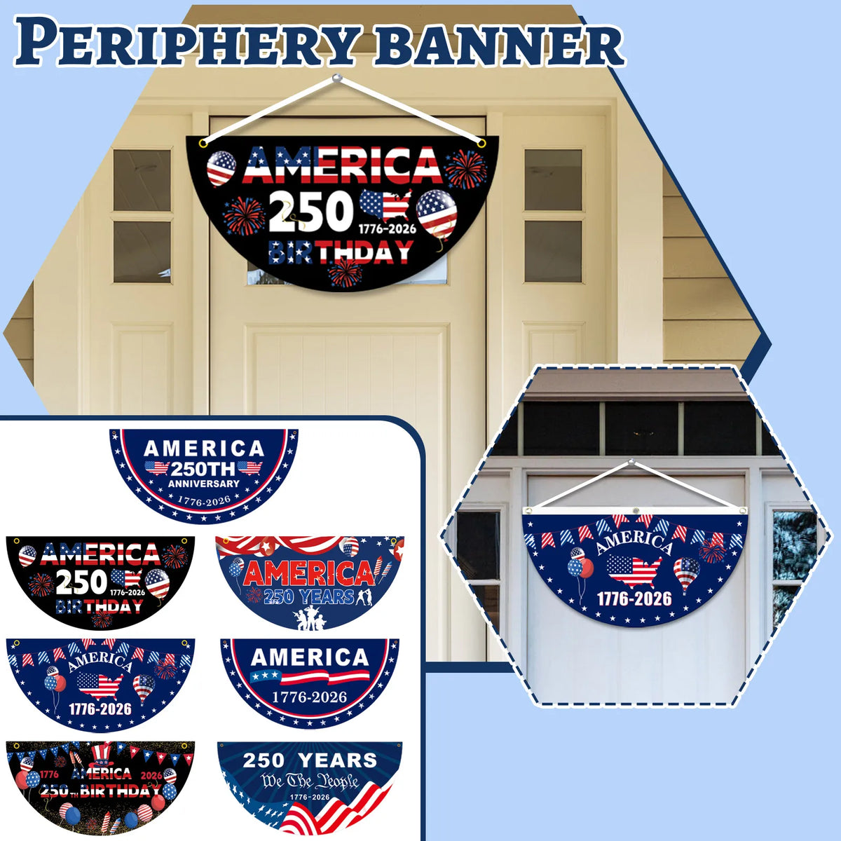 A banner featuring the text America 250th Birthday and the years 1776-2026 in patriotic colors