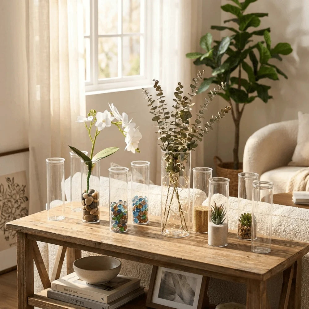 A wooden table displays crystal clear cylinder vases holding small plants and floral arrangements.