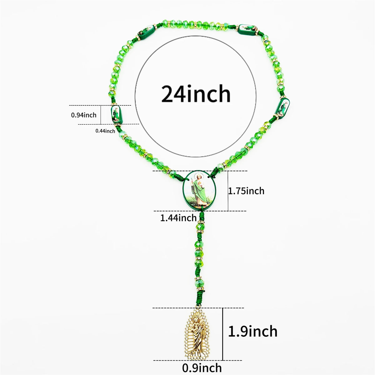 A green crystal rosary necklace featuring a Saint Jude and Virgin Mary cross pendant.