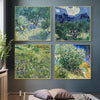 A set of four framed Van Gogh canvas prints depicting landscapes and trees on a gray wall.