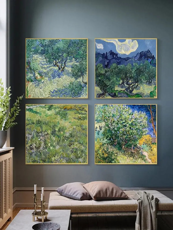 A set of four framed Van Gogh canvas prints depicting landscapes and trees on a gray wall.