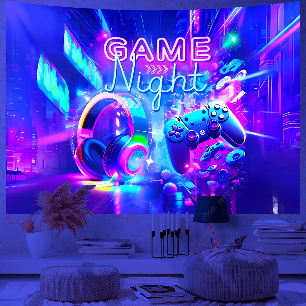 UV reactive game controller tapestry featuring a vibrant purple and blue console in a gaming room setting