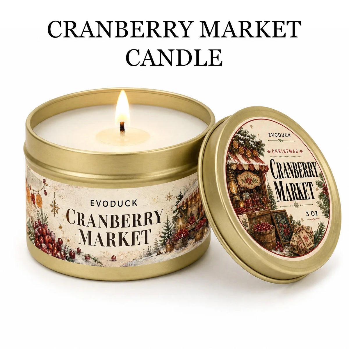 A jar of Cranberry Market scented candle in a gold tin with a lid and gift box.