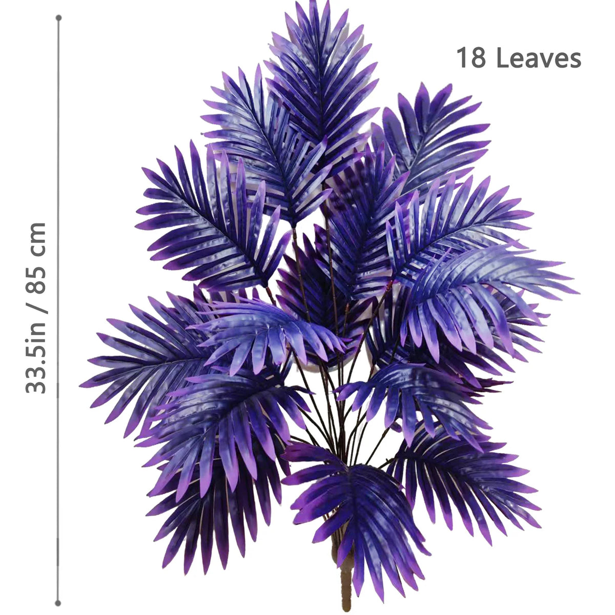 A realistic artificial palm tree featuring 18 purple silk leaves.