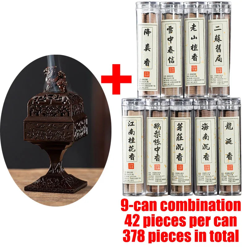 A set of nine canisters containing various types of incense sticks for burning.