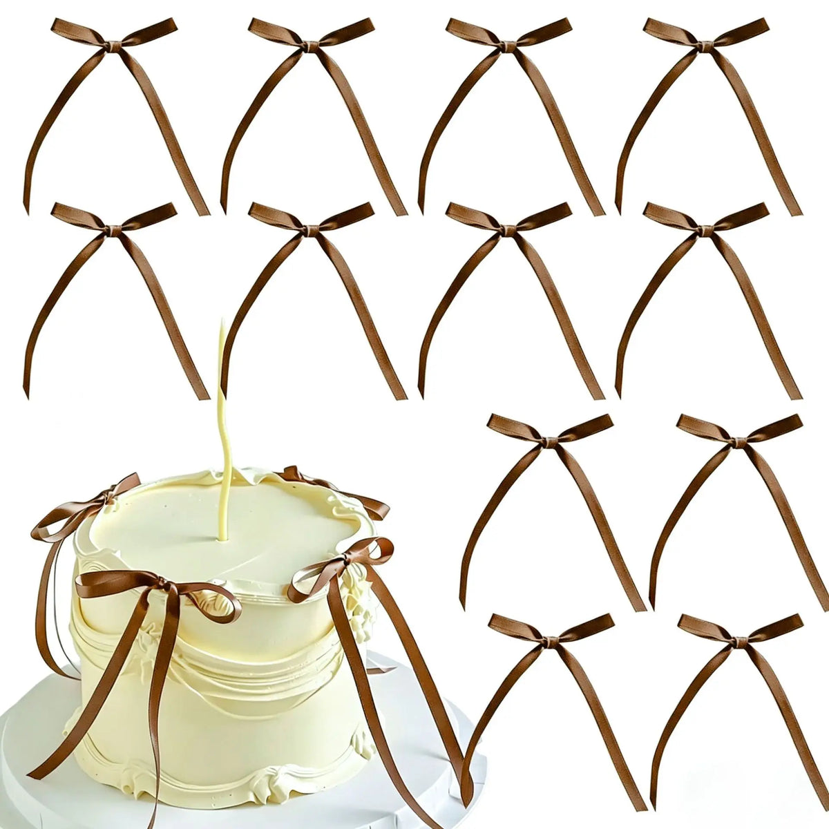 A set of elegant brown ribbon bow cake toppers in a coquette style, arranged for display.