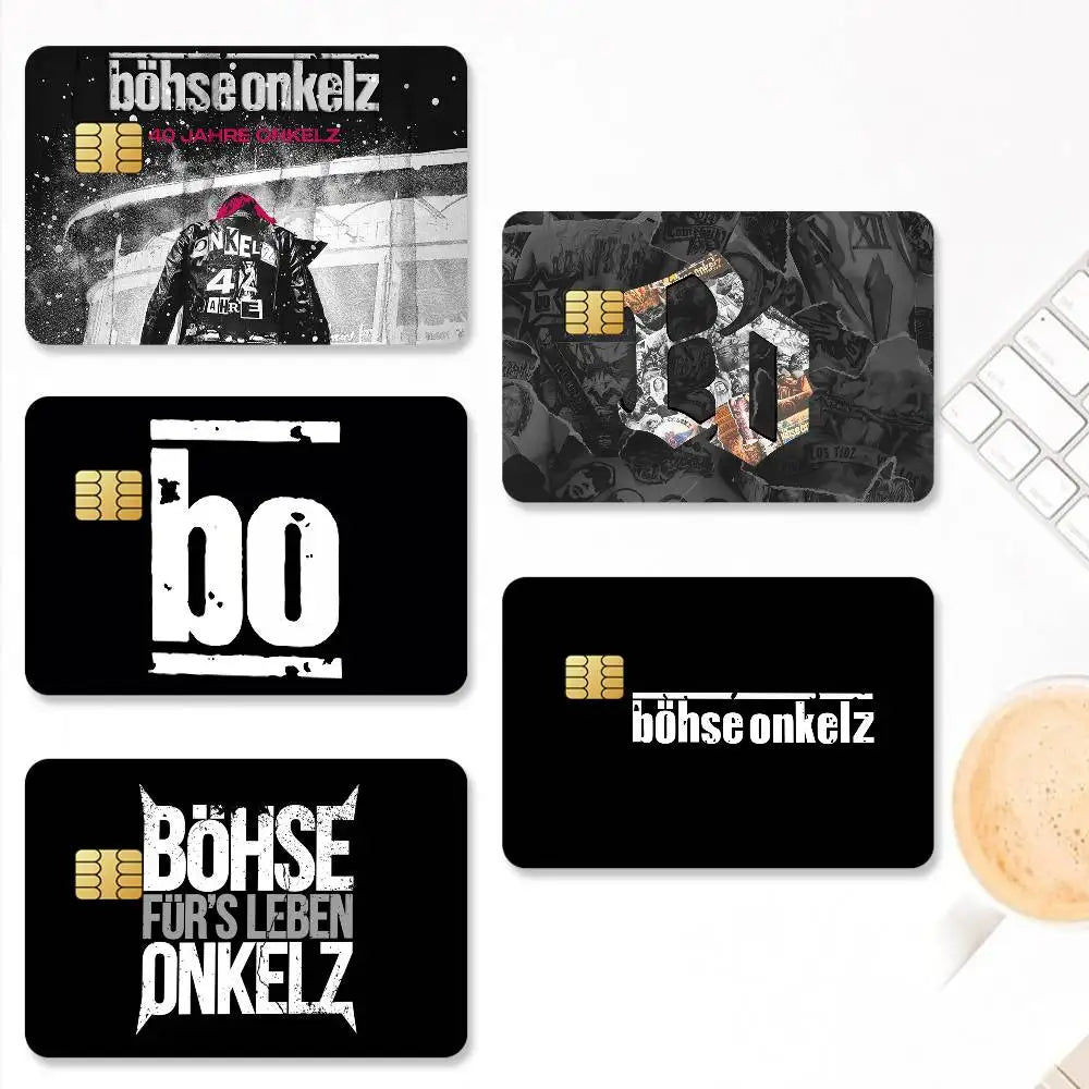A collection of black and white stickers featuring text and graphics related to Böhse Onkelz