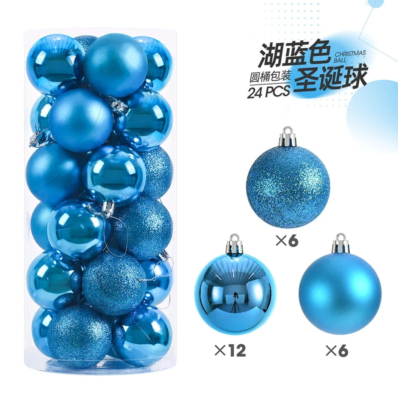 A set of 24 blue and teal glitter Christmas baubles for holiday tree and decor.