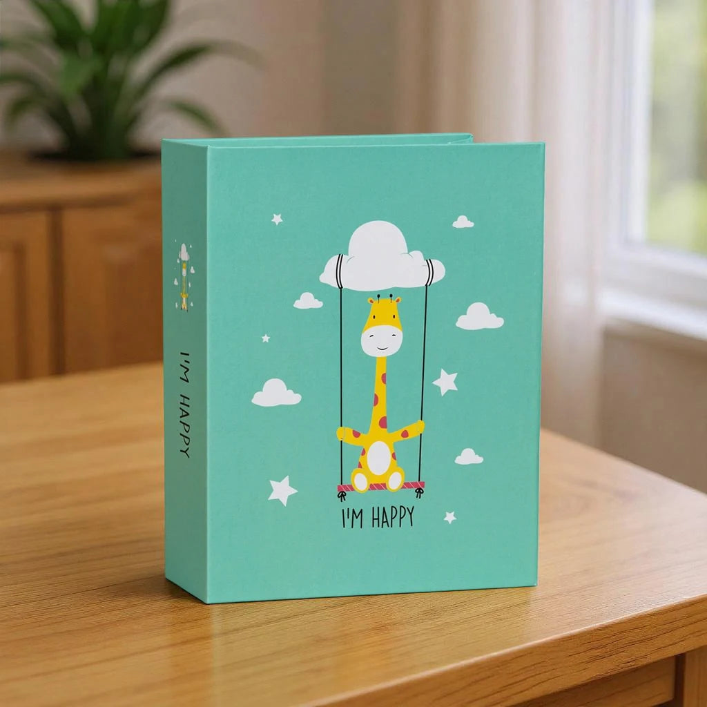 A teal album cover featuring a yellow giraffe in a hot air balloon design with stars and clouds.