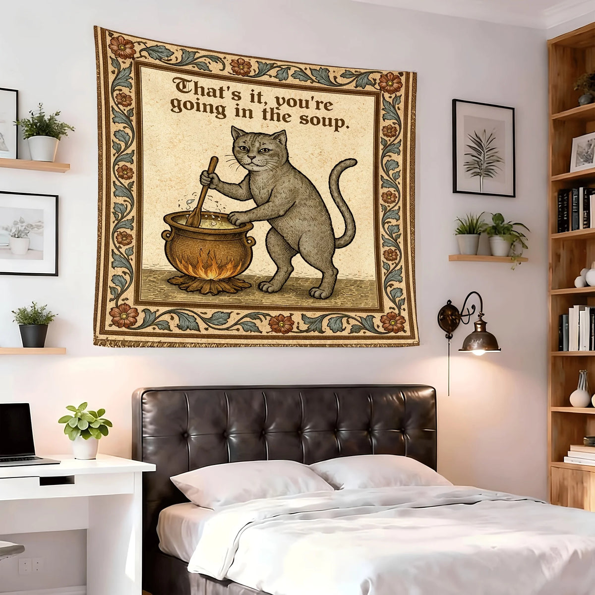 Medieval Cat in Soup Tapestry – Quirky Wall Hanging