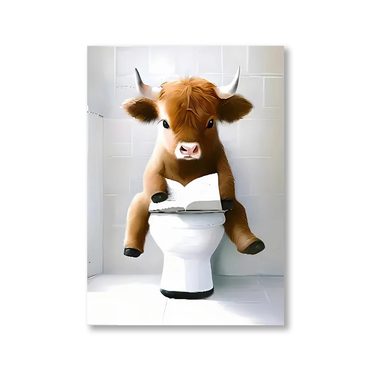 A painting of a Highland cow with horns and a white toilet in the background.