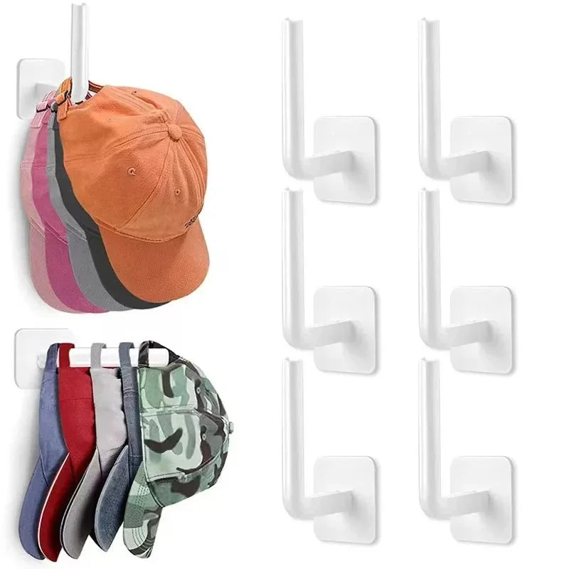 A set of adhesive cap holder hooks for wall mounted hat storage featuring various colored caps.