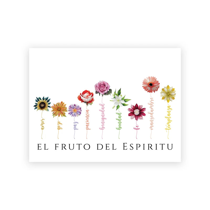 A line of colorful flowers representing the fruit of the spirit with the text El Fruto Del Espíritu.