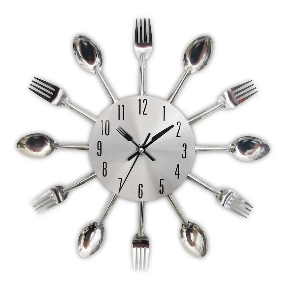 A silver modern cutlery set arranged like a clock with forks radiating from the center.