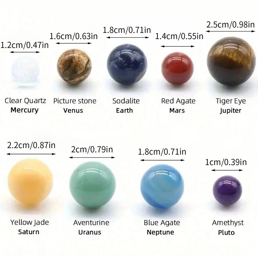 A set of nine natural crystal gemstone spheres including Mercury, Venus, Earth, Mars, Jupiter, Saturn, Uranus, Neptune, and P