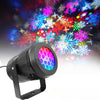 An outdoor LED projector light with colorful Halloween and Christmas snowflake patterns.