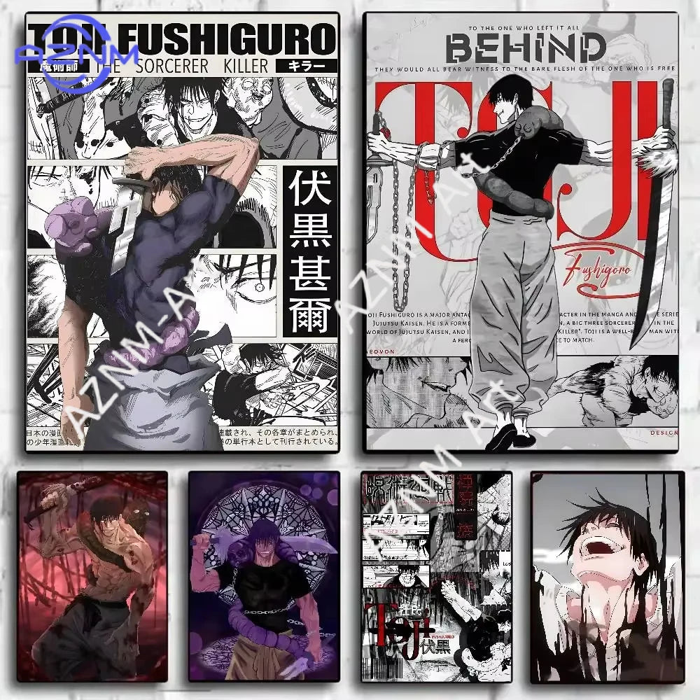 Anime canvas art poster featuring Toji Fushiguro in various action poses and scenes.