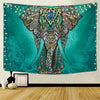 Bohemian mandala tapestry wall art featuring an elephant design with colorful patterns and string lights.