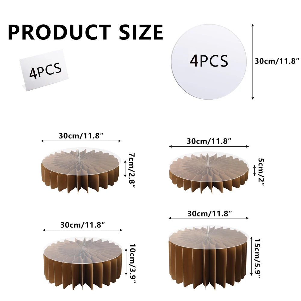 Quatre supports alimentaires circulaires en acrylique marron, montrés à différentes hauteurs et angles pour exposition buffet