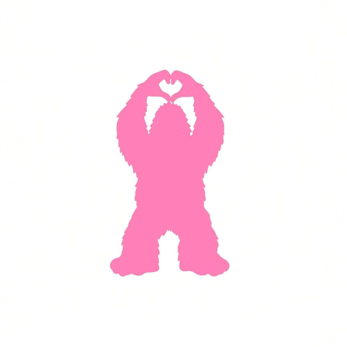 Pink vinyl decal of a Bigfoot heart hands silhouette