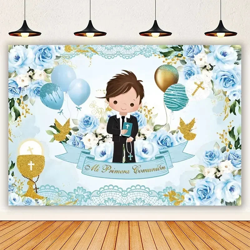 A light blue and white floral backdrop for a First Communion featuring balloons and gold accents.