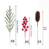 Artificial Norfolk pine branches with red berry stems for holiday decor shown in various quantities.