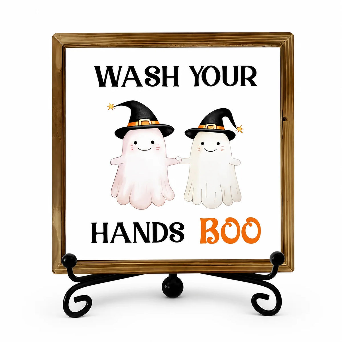 A wooden sign featuring two white ghost figures with hands boo text for bathroom decor