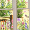 Window decals featuring colorful butterflies and flowers on glass panes.