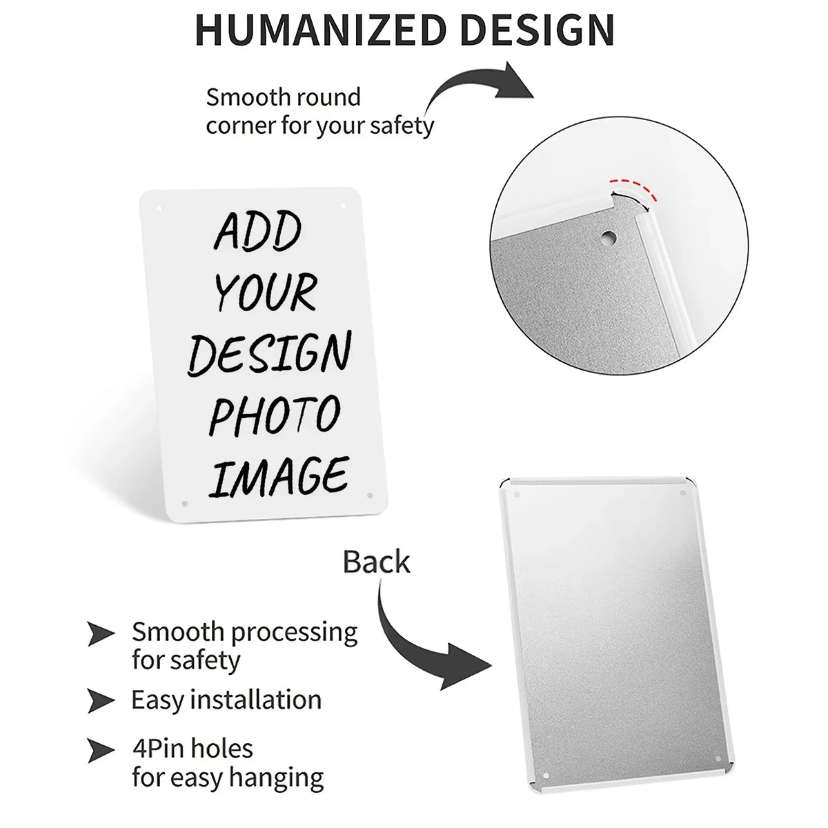 A custom metal wall sign with a smooth round corner design and 4 pin holes for easy hanging.