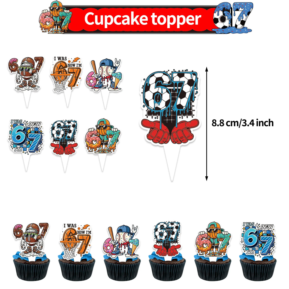 A set of colorful cake toppers featuring the phrase I Was Six Now I Am Seven for a birthday party decoration.
