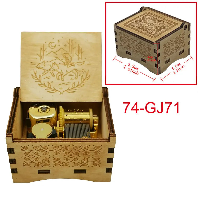 A wooden music box featuring an ornate lid and a brass melody mechanism.