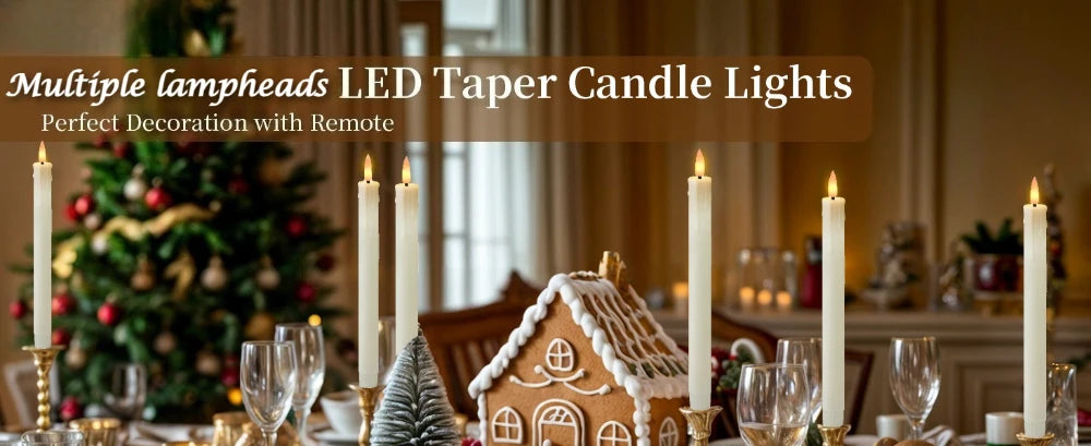 Multiple LED taper candle lights for decoration on a table with a Christmas tree in the background