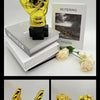 A display of golden gloves award trophies on a white background with a book and foliage.