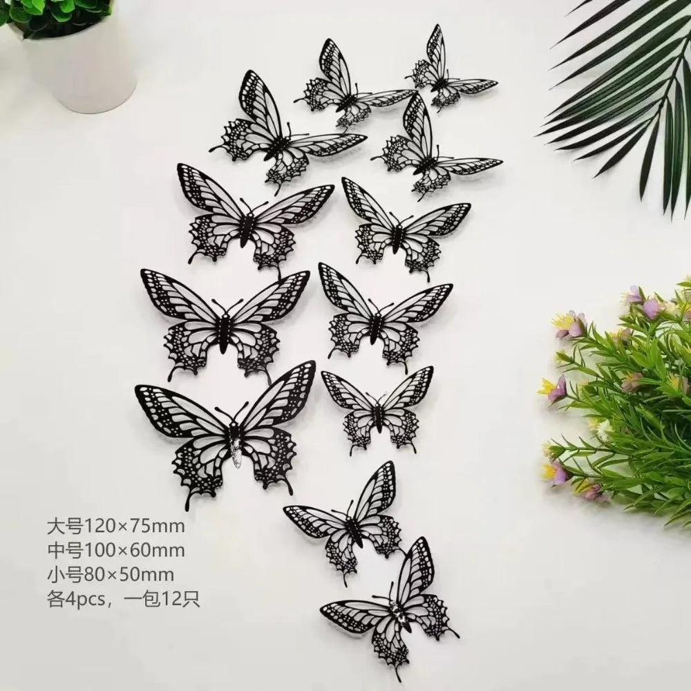 A set of twelve black and white 3D butterfly wall stickers displayed on a white background.