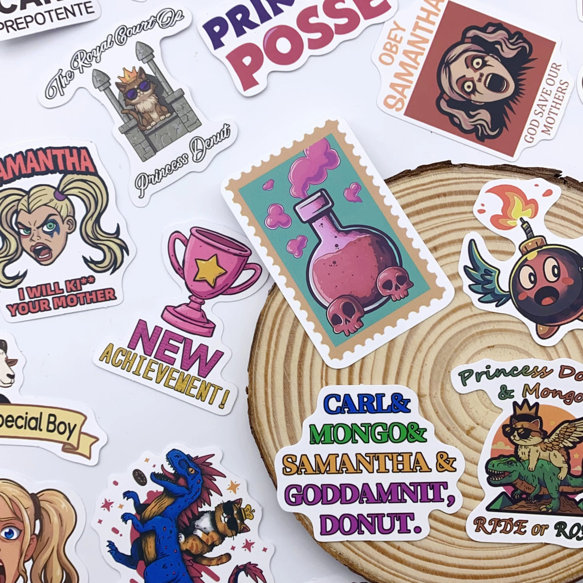 A collection of colorful stickers featuring characters and text related to a dungeon crawler theme