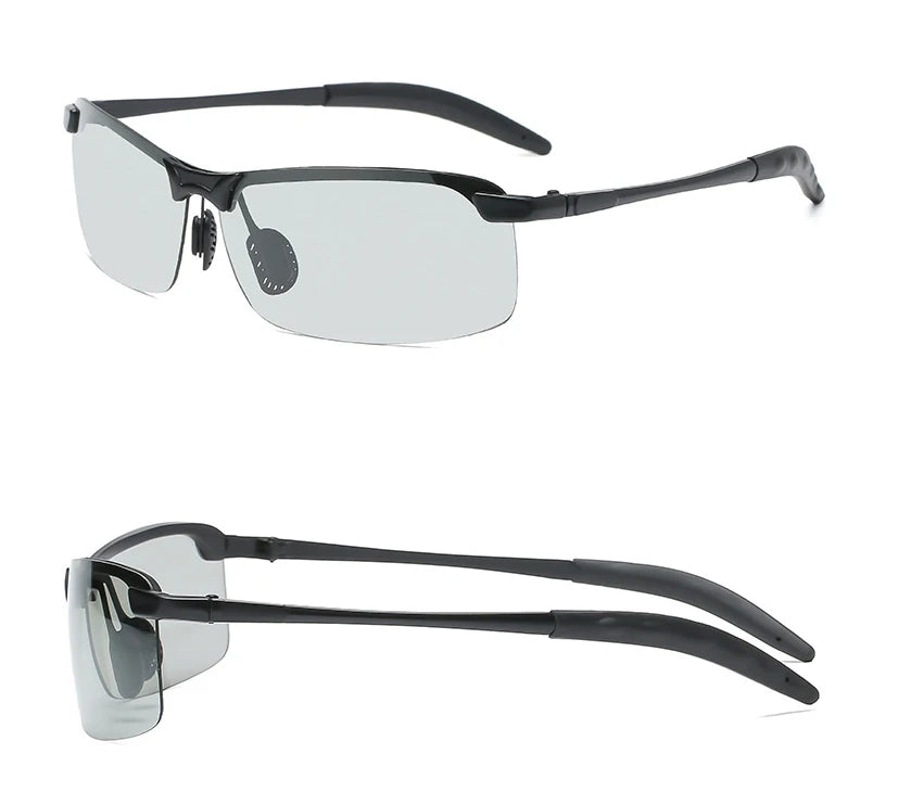 A pair of black photochromic polarized driving sunglasses with an alloy frame shown in two views.