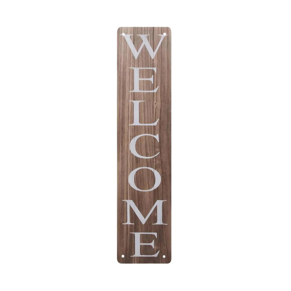A vertical wooden sign with the word WELCOME carved into it, featuring a rustic wood grain texture.