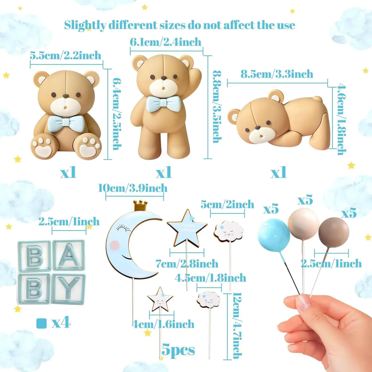 A set of teddy bear figures, stars, clouds, and cake balls for a baby shower decoration.