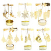 A collection of gold rotating candle holders featuring various decorative designs and shapes for tealights.